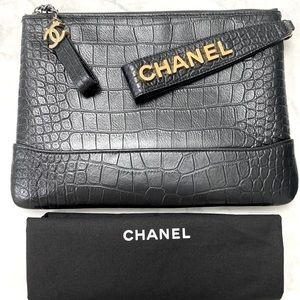 Chanel Calf Skin Clutch with Logo on both handles-Black